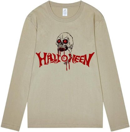 CORIRESHA Camiseta gótica de Halloween de manga larga con cuello redondo y estampado de calavera aterradora unisex
