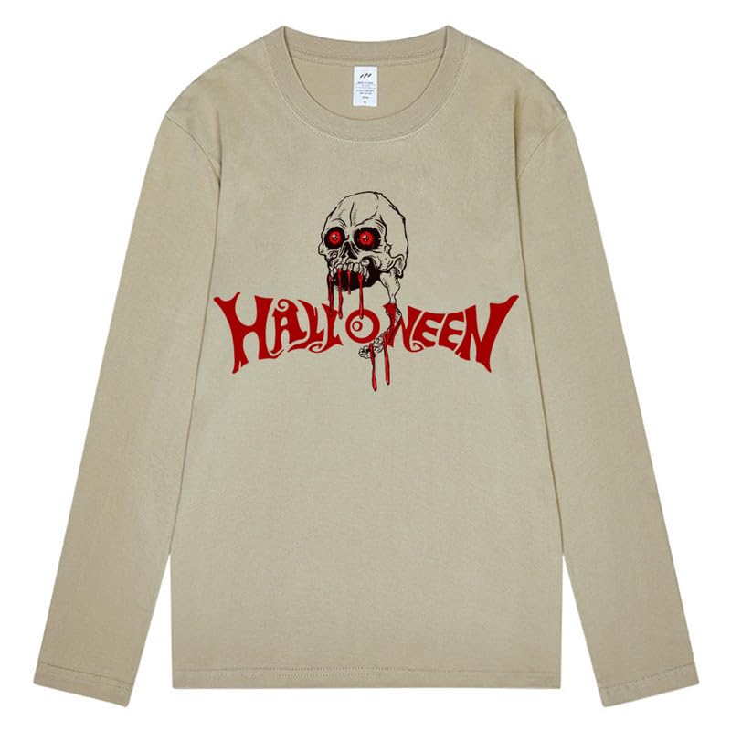 CORIRESHA Camiseta gótica de Halloween de manga larga con cuello redondo y estampado de calavera aterradora unisex