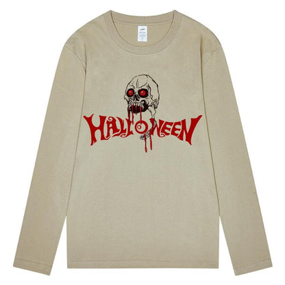 CORIRESHA Camiseta gótica de Halloween de manga larga con cuello redondo y estampado de calavera aterradora unisex