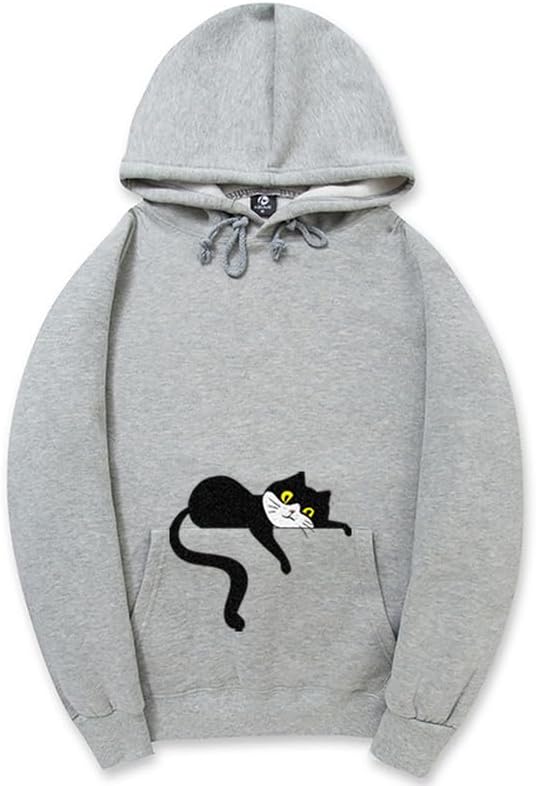 CORIRESHA Unisex Cute Lazy Cat Hoodie Long Sleeve Drawstring Pocket Cotton Sweatshirt