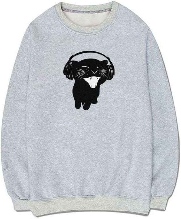 CORIRESHA Cute Cat Headphones Music Crew Neck Long Sleeve Basic Pullover Sweatshirt