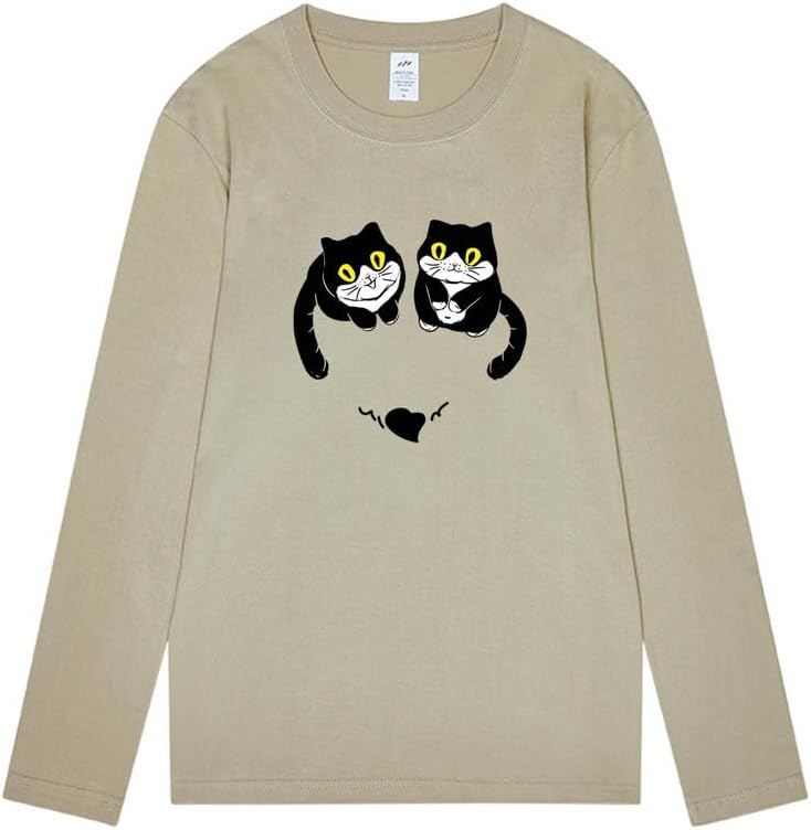 CORIRESHA Women's Teen Cute Cat Crew Neck Long Sleeve Casual Fall Heart T-Shirt