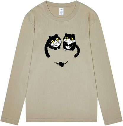 CORIRESHA Women's Teen Cute Cat Crew Neck Long Sleeve Casual Fall Heart T-Shirt
