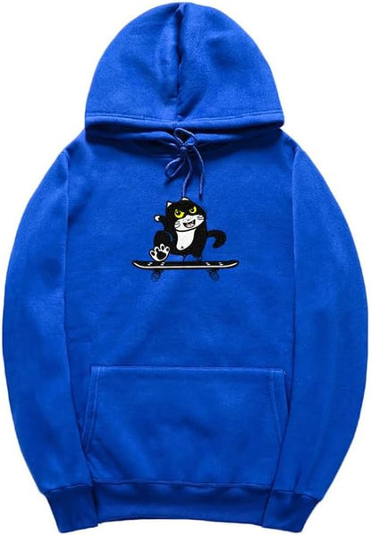 CORIRESHA Cute Cat Skateboard Long Sleeve Drawstring Kangaroo Pocket Hoodie Sweatshirt