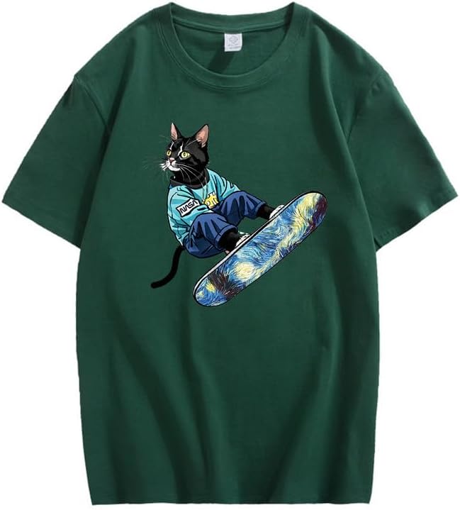 CORIRESHA Camiseta de algodón suelta de manga corta con cuello redondo y diseño de gato lindo para mujer