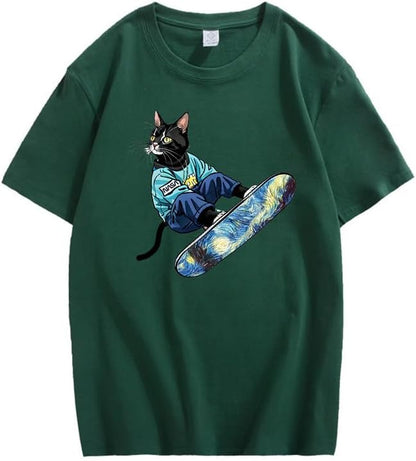 CORIRESHA Camiseta de algodón suelta de manga corta con cuello redondo y diseño de gato lindo para mujer