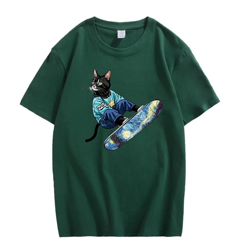 CORIRESHA Camiseta de algodón suelta de manga corta con cuello redondo y diseño de gato lindo para mujer