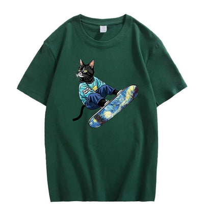 CORIRESHA Camiseta de algodón suelta de manga corta con cuello redondo y diseño de gato lindo para mujer