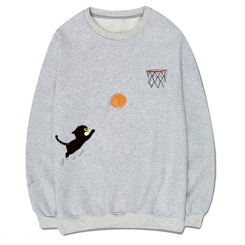 CORIRESHA Teen Cute Cat Basketball Crew Neck Long Sleeves Cozy Cotton Fall Sweatshirt