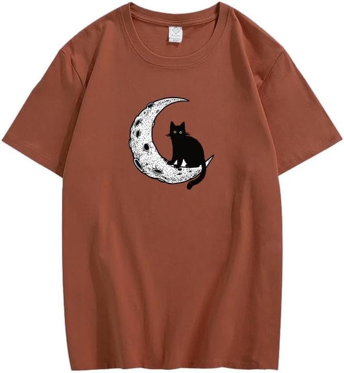 CORIRESHA Camiseta unisex de manga corta con cuello redondo y diseño de gato lunar, informal, de algodón suave