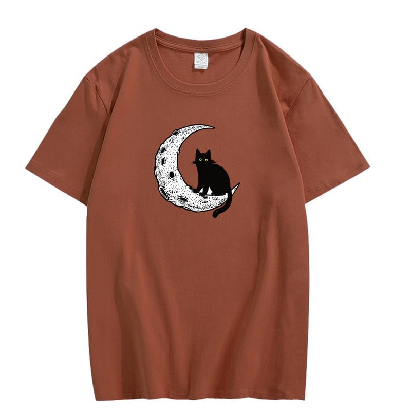 CORIRESHA Camiseta unisex de manga corta con cuello redondo y diseño de gato lunar, informal, de algodón suave