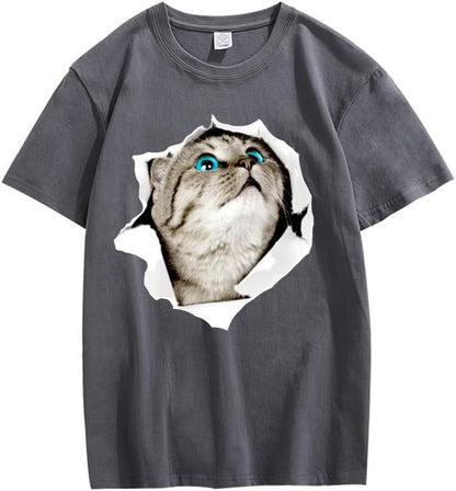 CORIRESHA Cat Lover Camiseta Cuello Redondo Manga Corta Suelta Algodón Suave Adolescente Lindo Top