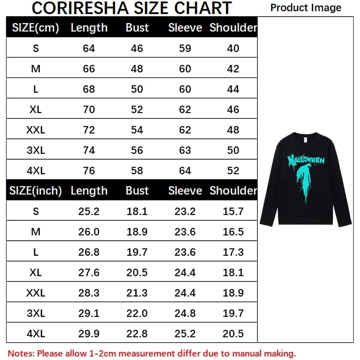 CORIRESHA Camiseta aterradora unisex gótica de manga larga con cuello redondo y sangre de Halloween