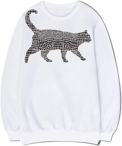 CORIRESHA Spotted Cat Crewneck Long Sleeve Cotton Cute Animal Pullover Sweatshirt