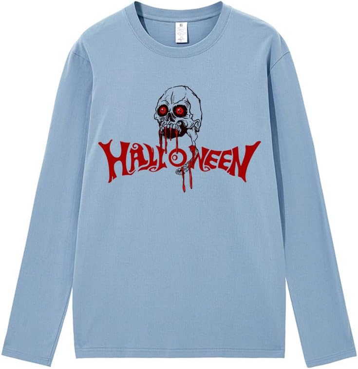 CORIRESHA Camiseta gótica de Halloween de manga larga con cuello redondo y estampado de calavera aterradora unisex