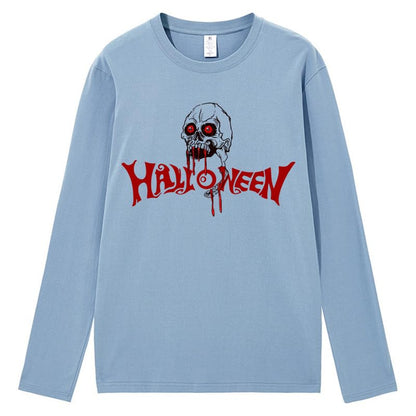 CORIRESHA Camiseta gótica de Halloween de manga larga con cuello redondo y estampado de calavera aterradora unisex