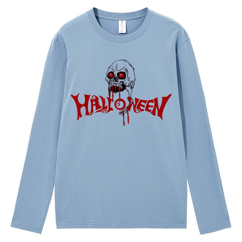 CORIRESHA Camiseta gótica de Halloween de manga larga con cuello redondo y estampado de calavera aterradora unisex