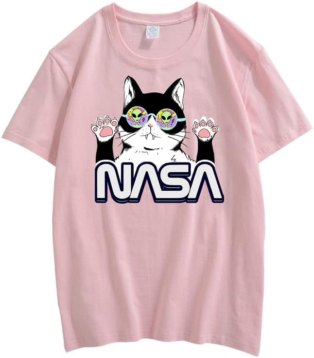 CORIRESHA Teen's NASA T-Shirt Casual Crewneck Short Sleeve Cute Cat Top