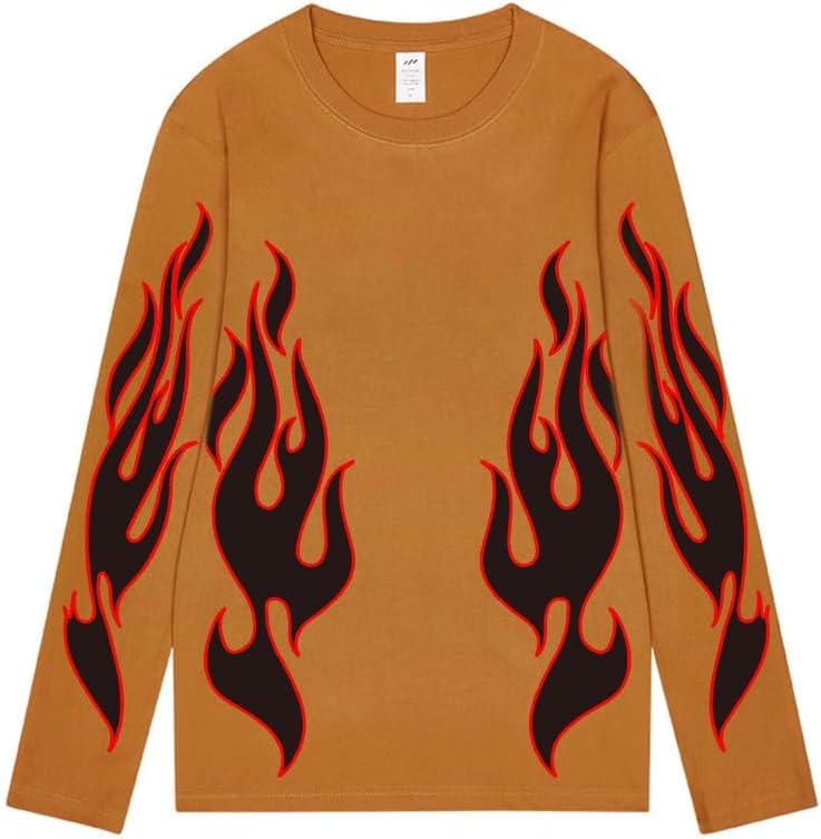 CORIRESHA Teen Fashion Flame Pattern Crewneck Long Sleeve Y2K Fall T-Shirt Top