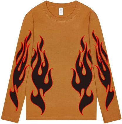 CORIRESHA Teen Fashion Flame Pattern Crewneck Long Sleeve Y2K Fall T-Shirt Top