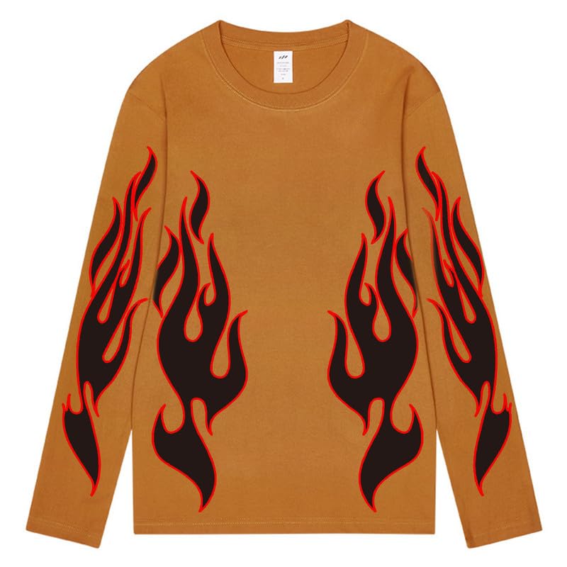 CORIRESHA Teen Fashion Flame Pattern Crewneck Long Sleeve Y2K Fall T-Shirt Top