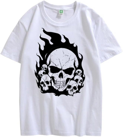 CORIRESHA Teen Skull Flame Crewneck Short Sleeve Y2K Aesthetic Halloween T-Shirt