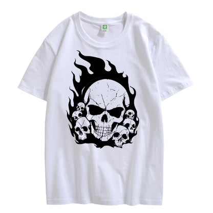 CORIRESHA Teen Skull Flame Crewneck Short Sleeve Y2K Aesthetic Halloween T-Shirt