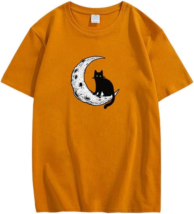 CORIRESHA Camiseta unisex de manga corta con cuello redondo y diseño de gato lunar, informal, de algodón suave