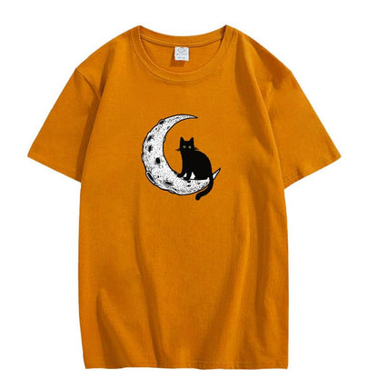 CORIRESHA Unisex Moon Cat Crewneck Short Sleeve Casual Soft Cotton Cute T-Shirt