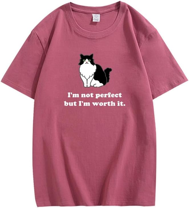 CORIRESHA Camiseta personalizada de algodón suelta casual de manga corta con cuello redondo de gato lindo para mujer