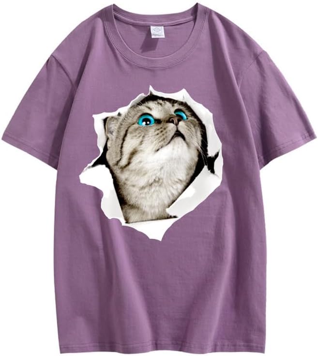 CORIRESHA Cat Lover Camiseta Cuello Redondo Manga Corta Suelta Algodón Suave Adolescente Lindo Top