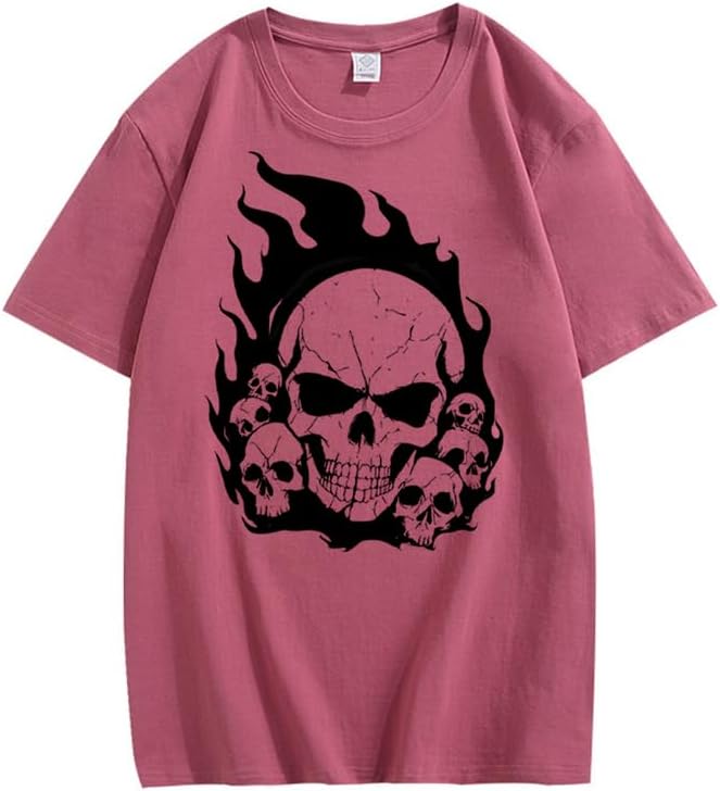 CORIRESHA Teen Skull Flame Crewneck Short Sleeve Y2K Aesthetic Halloween T-Shirt