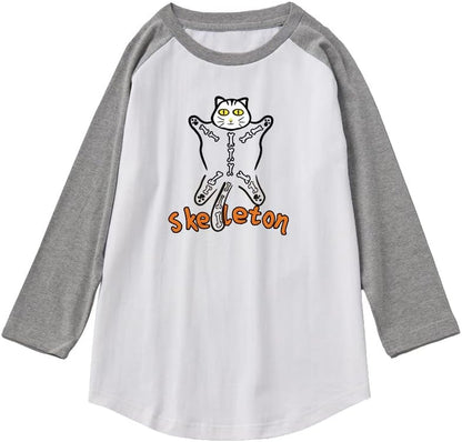 CORIRESHA Disfraz de Halloween con diseño de esqueleto de gatos divertidos, manga raglán 3/4, camiseta gótica