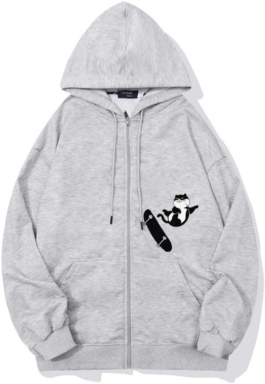 CORIRESHA Teens Cat Lovers Zip Hoodie Casual Drawstring Cute Skateboard Sweatshirt