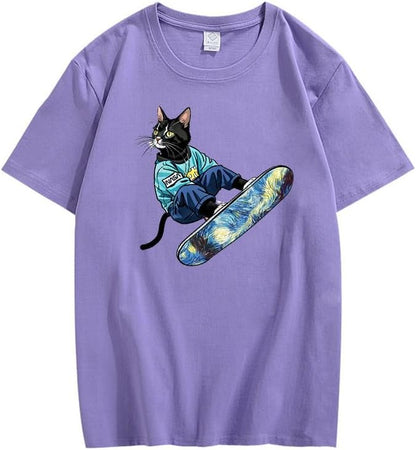 CORIRESHA Camiseta de algodón suelta de manga corta con cuello redondo y diseño de gato lindo para mujer