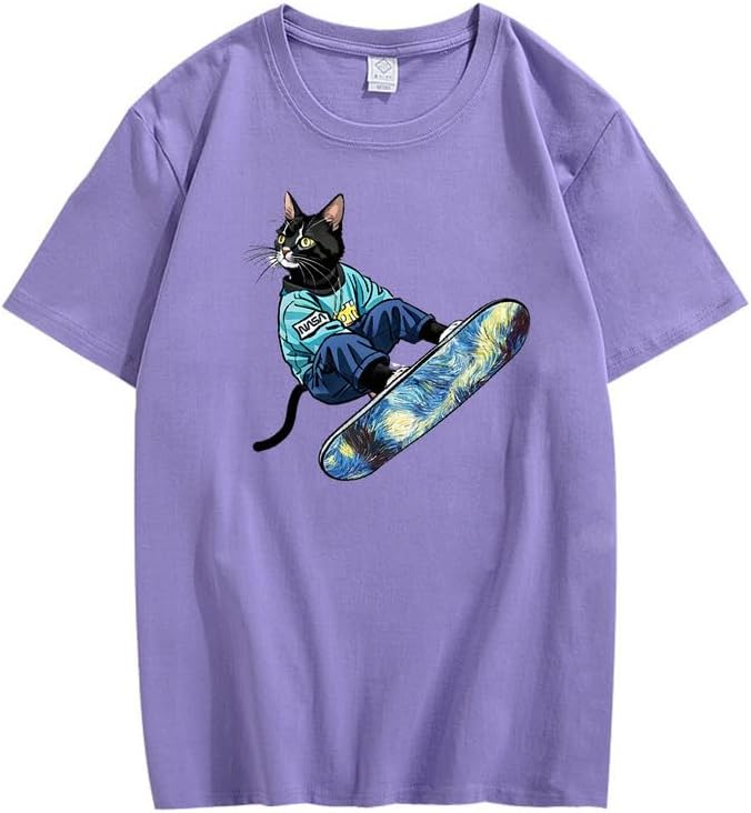 CORIRESHA Camiseta de algodón suelta de manga corta con cuello redondo y diseño de gato lindo para mujer
