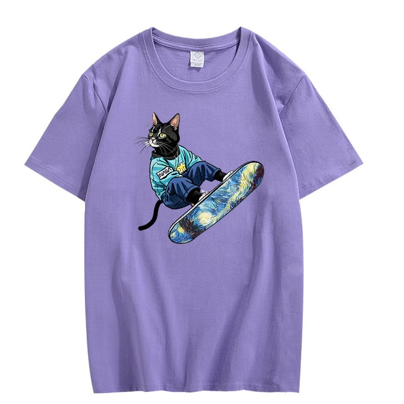 CORIRESHA Camiseta de algodón suelta de manga corta con cuello redondo y diseño de gato lindo para mujer