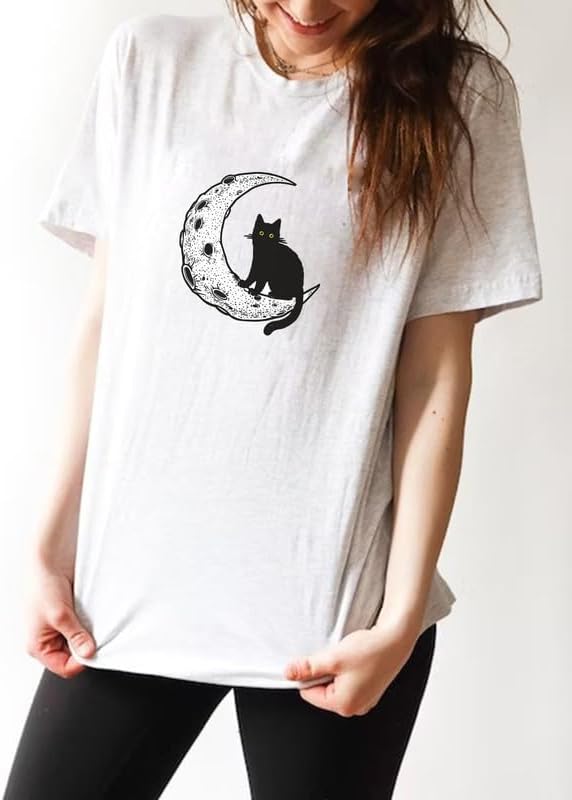 CORIRESHA Camiseta básica casual de manga corta con cuello redondo y gato negro luna para mujer