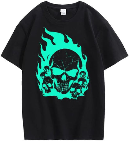 CORIRESHA Teen Skull Flame Crewneck Short Sleeve Y2K Aesthetic Halloween T-Shirt