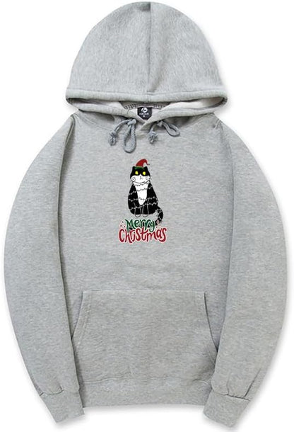 CORIRESHA Women's Unisex Cute Christmas Cat Hoodie Long Sleeve Drawstring Pocket Funny Sweatshirt