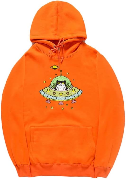 CORIRESHA Space Lover Hoodie Long Sleeve Drawstring Cute Cat Spaceship Sweatshirt