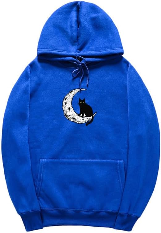 CORIRESHA Sudadera con capucha unisex Moon Cat Casual de manga larga suave y linda sudadera con bolsillo