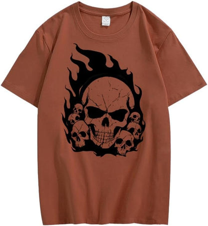 CORIRESHA Teen Skull Flame Crewneck Short Sleeve Y2K Aesthetic Halloween T-Shirt