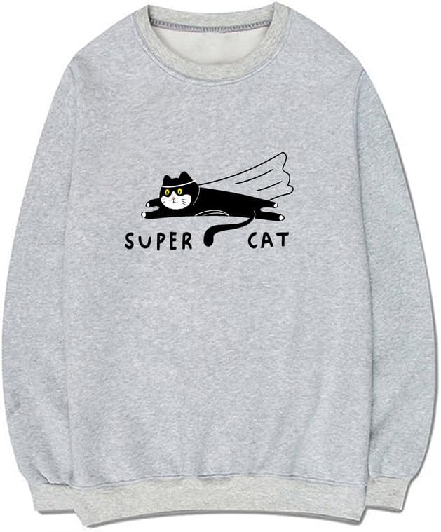 CORIRESHA Teen Funny Running Cat Crew Neck Long Sleeve Soft Cotton Cute Sweatshirt