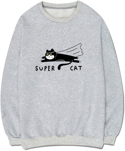 CORIRESHA Teen Funny Running Cat Crew Neck Long Sleeve Soft Cotton Cute Sweatshirt