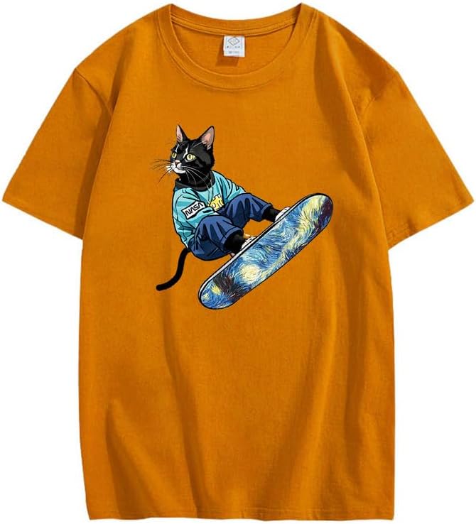 CORIRESHA Camiseta de algodón suelta de manga corta con cuello redondo y diseño de gato lindo para mujer
