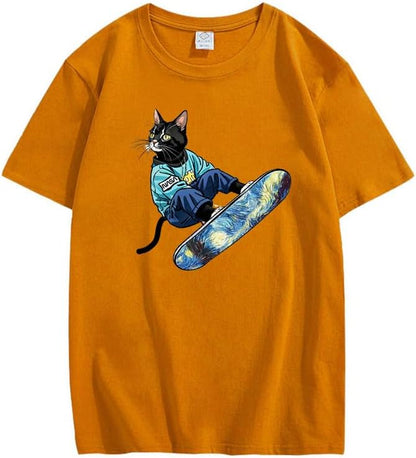 CORIRESHA Camiseta de algodón suelta de manga corta con cuello redondo y diseño de gato lindo para mujer