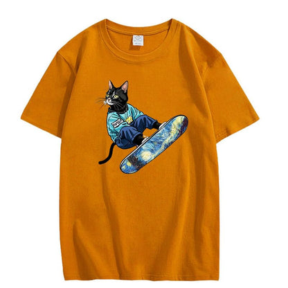 CORIRESHA Camiseta de algodón suelta de manga corta con cuello redondo y diseño de gato lindo para mujer
