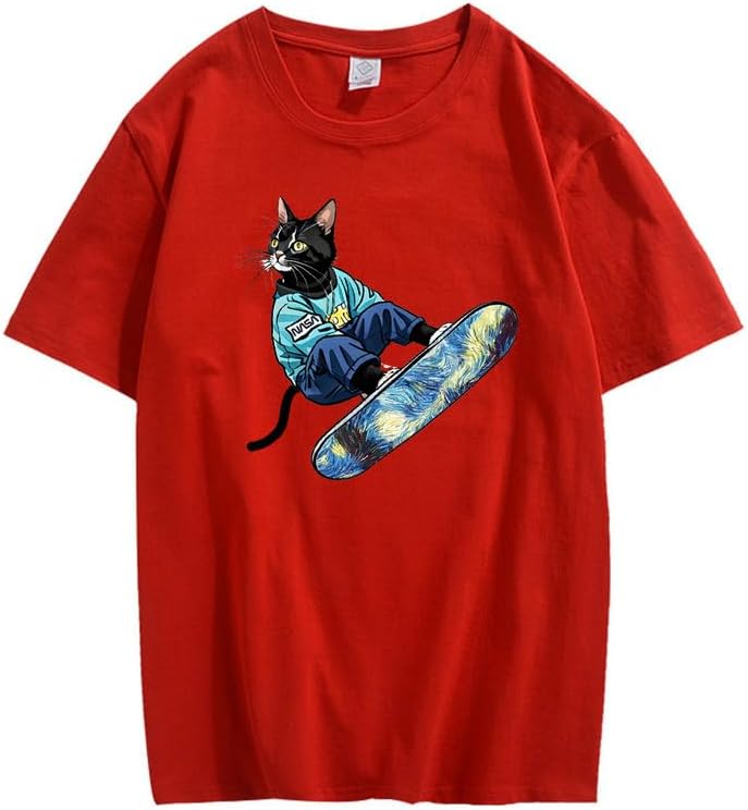 CORIRESHA Camiseta de algodón suelta de manga corta con cuello redondo y diseño de gato lindo para mujer