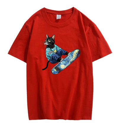CORIRESHA Women's Cute Cat Skateboarding Crewneck Short Sleeve Loose Cotton Fashion T-Shirt
